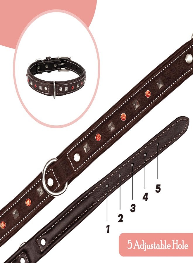 ADIL'S Premium Brown Leather Dog Collar with Red Crystal & Silver Square Studs - 1in Width - Secure Metal Buckle & D-Ring - Adjustable Fit 12"-26" Neck Size for Small to Large Breeds, 66 x 30 cm - Image 4